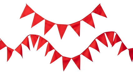 Two strands of vibrant red triangular pennant banners hang against a deep for celebration on transparent background