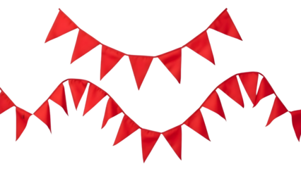 Two strands of vibrant red triangular pennant banners hang against a deep for celebration on transparent background