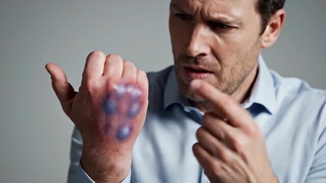 Man Examining A Bruised Hand: Exploring Pain, Injury, And Bodily Harm Manifestations