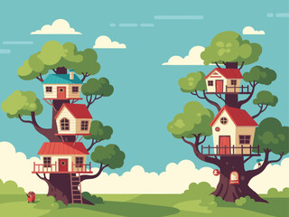 Cute wooden treehouses built among the branches in a playful forest setting