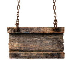Rustic Wooden Sign Hanging on Chains Isolated on White Background