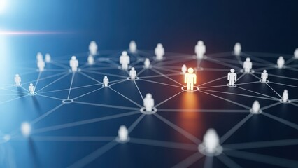 Global business network connection leadership and individuality within a dynamic connected community system concept on blue backdrop.