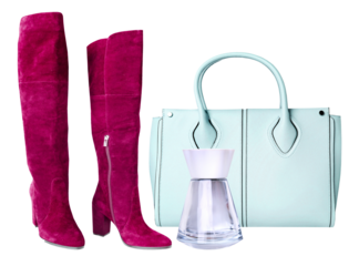 elegant flat lay photograph featuring luxurious fuchsia boots, a mint green handbag, and a stylish perfume bottle.