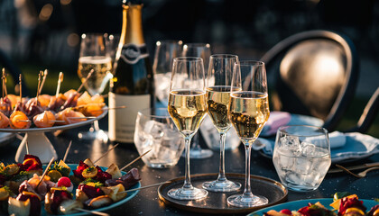 Celebratory champagne toast on a luxurious outdoor dining table with assorted appetizers and finger foods in an elegant evening setting