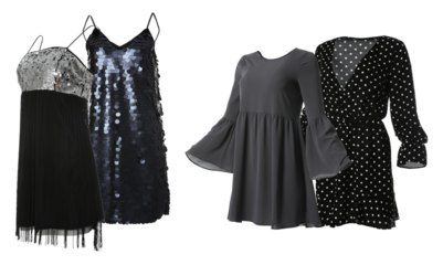 stylish women's party dresses: sequined flapper, gray bell-sleeve, and polka-dot wrap, perfect for fashion and style blogs.
