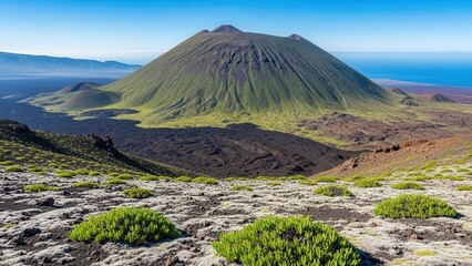 Vivid green volcano dominates rugged lava landscape under blue sky