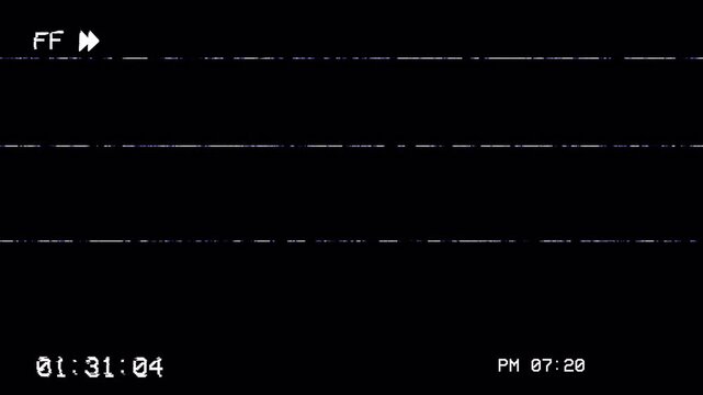 VHS VCR Fast Forward Rewind Glitch Overlay, Analog Video Signal Distortion, Retro White Noise Static Background Loop 4k video animation seamless loop