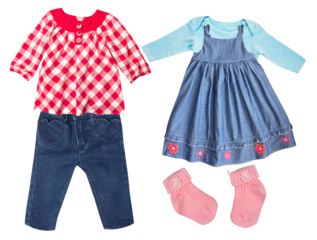 adorable collection of newborn baby clothing items, featuring cute denim outfits and soft long-sleeve tops.