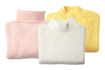 softly folded knit turtlenecks in pink, white, and yellow, perfect for cozy autumn and winter fashion and retail blogs.