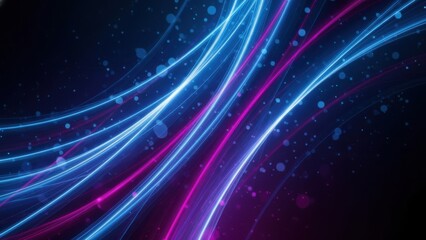Abstract flowing neon light streaks with bokeh effects against a dark background.