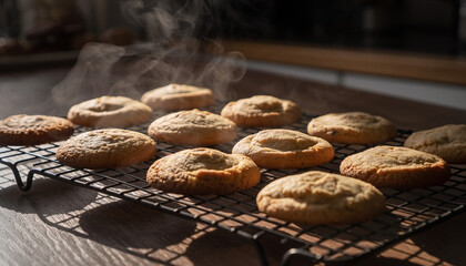 Freshly baked cookies cooling on a wire rack on a wooden table in the kitchen.