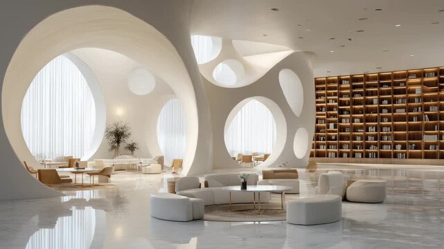Modern interior design showcasing unique architectural shapes in a spacious lounge area with ample natural light