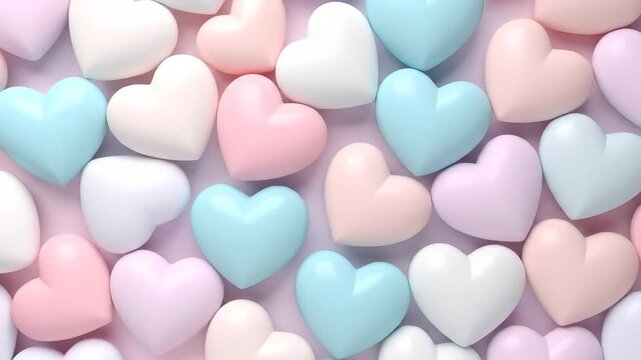 A pastel-colored image featuring multiple 3D hearts in shades of pink, blue, and white