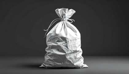 Tied white sack on gray, wrinkled texture, monochromatic