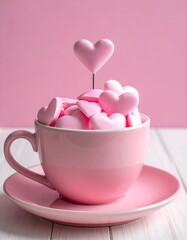 Zum Valentinstag , rosa Herzen in eiener Tasse auf rosa Hintergrund