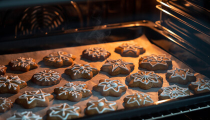 Freshly baked cookies being cooked in a warm oven with intricate designs