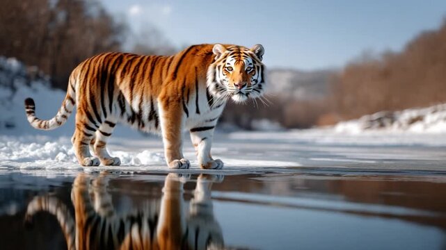 Majestic tiger walking across frozen river, reflections beneath, crisp winter air, ultra-realistic wildlife photography style