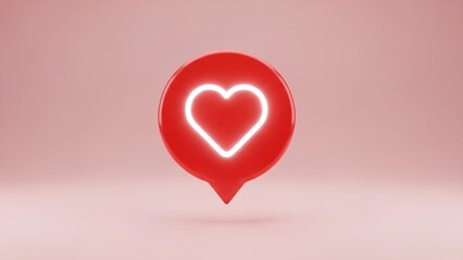 Vibrant 3D render of a glowing red heart icon inside a speech bubble, symbolizing digital affection, online appreciation, and positive social media feedback on a minimalist pink background