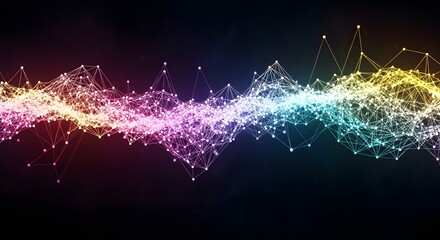 Colorful glowing plexus grid forming a sound wave or frequency equalizer pattern. Digital technology, music, and data visualization. Abstract network of connected particles a vibrant wavy 