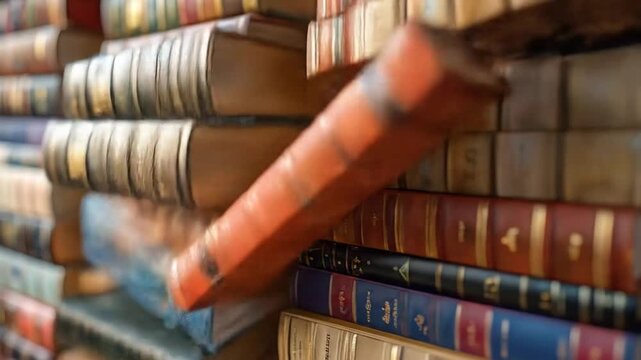 Close-up of stacked books with various colored spines and aged covers. Books are stacked