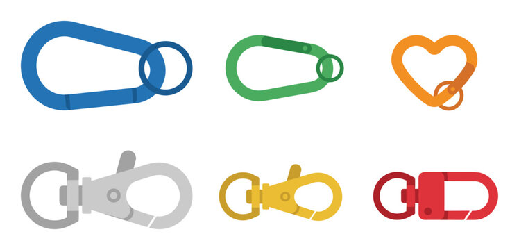 Collection of colorful carabiners, lobster claw clasps, key rings. metal clips. various shapes, colors.