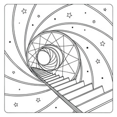 A spiral staircase ascends into darkness adorned with stars and celestial patterns