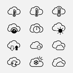 Weather forecast icons showing temperature, upload, download, sunshine, and cloud conditions, offering a modern and simple visual representation of the weather