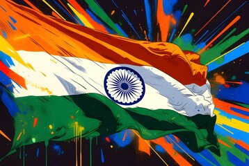 Vibrant Splash-Art Illustration of the Indian Flag with Dynamic Paint Streaks and Ashoka Chakra &ndash; Creative Modern Tricolor Artwork