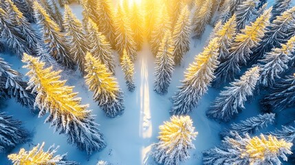 Snow covered forest with tall trees and sunlight shining through branches during winter season