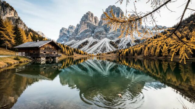 Stunning autumn landscape of a wooden cabin by a tranquil lake, reflecting majestic mountains and golden larch trees in the Dolomites.