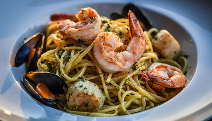 A close-up shot of delicious seafood pasta with large shrimp, mussels, and scallops in a white bowl.