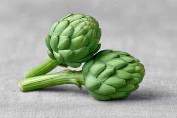 Obraz premium Fresh artichokes and asparagus beautifully arranged for a healthy meal presentation in a rustic kitchen setting. Artichoke and Asparagus Month
