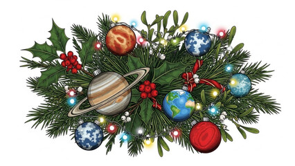 Cosmic Holiday Ornament: An innovative Christmas ornament design, combining elements of space with the festive season, planets decorating the evergreen foliage.