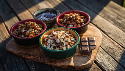 Four bowls of assorted nuts and a piece of dark chocolate arranged on a wooden board.