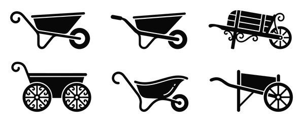 Collection of wheelbarrow icons showcasing different designs, from garden utility to ornamental trolleys.