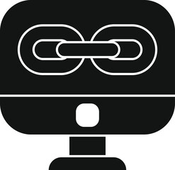 Computer monitor showing a chain icon symbolizing a hyperlink or digital connection