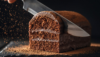 A knife slicing into a rich chocolate cake dusted with cocoa powder, creating a dramatic effect.
