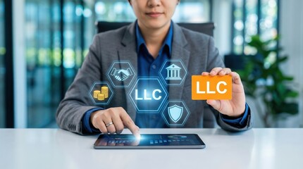Business professional in gray suit interacts with tablet, showcasing LLC concept with digital icons representing finance, legal, and corporate elements in a modern office environment