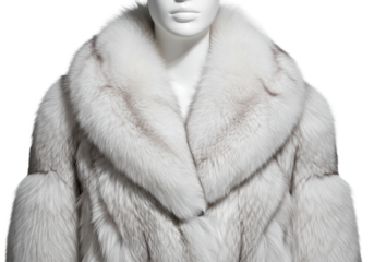 Medium close-up of a luxurious transparent arctic fox fur haute couture coat, emphasizing the ultra-detailed, voluminous deep-pile collar on a transparent background, concept of extreme luxury