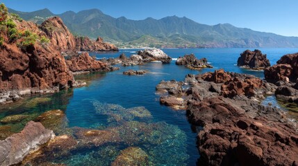 Rugged reddish coastal rock formations meet clear blue ocean water beneath distant green mountains