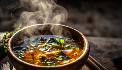 Steamy bowl of hot soup with fresh herbs, captured from a high angle on a rustic table