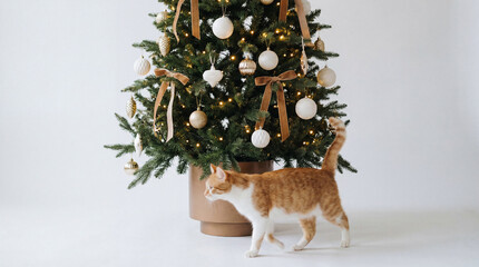 Cute Cat Walking Under Christmas Tree with Ornaments on White Background
