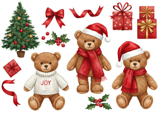 Detailed digital watercolor flat lay of three plush teddy bears (wearing a 'joy' sweater, scarf, and santa hat) arranged with christmas tree, gifts, and holly on a transparent background. concept of a