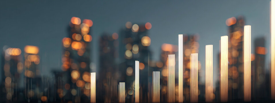 Golden data bars rising over futuristic city skyline, representing digital finance, growth, analytics, and innovation concept. banner  - Powered by Adobe