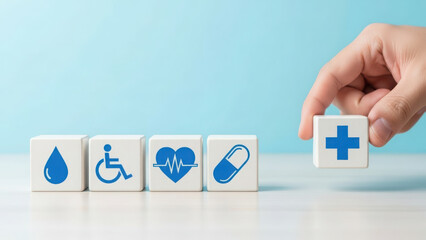 Hand places cross cube, symbolizing health, medical, social care and well-being services.