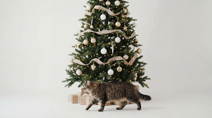 Cute Cat Walking Under Christmas Tree with Ornaments on White Background