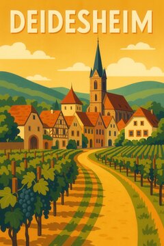 Idyllic view of Deidesheim village in Germany featuring a church, half-timbered houses, surrounding vineyards, and gentle hills under a golden sky