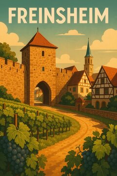 Freinsheim&rsquo;s historic city wall and gate with surrounding vineyards, half-timbered houses, and church tower set in a peaceful rural German village landscape