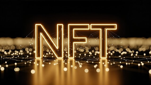 Illuminated NFT text with glowing edges, surrounded by a network of sparkling lights, representing the digital currency and investment landscape in modern technology - Powered by Adobe