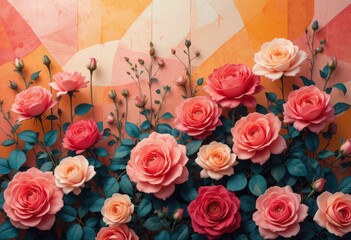 A lush, vibrant display of pink, coral, and peach roses bursting with color, set against a stylized, geometric orange and salmon watercolor background. 